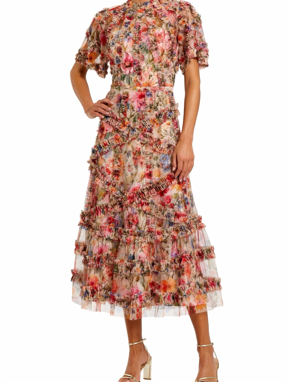 Mac Duggal Pink Multi Floral Ruffle Midi Dress